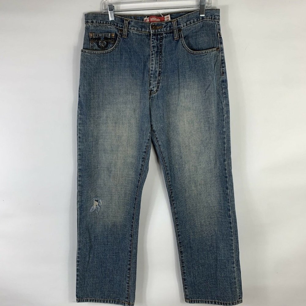 Attitude Jeans Mens 34x32 Mid Rise Med Wash Distressed Casual Ramie Cotton Blend